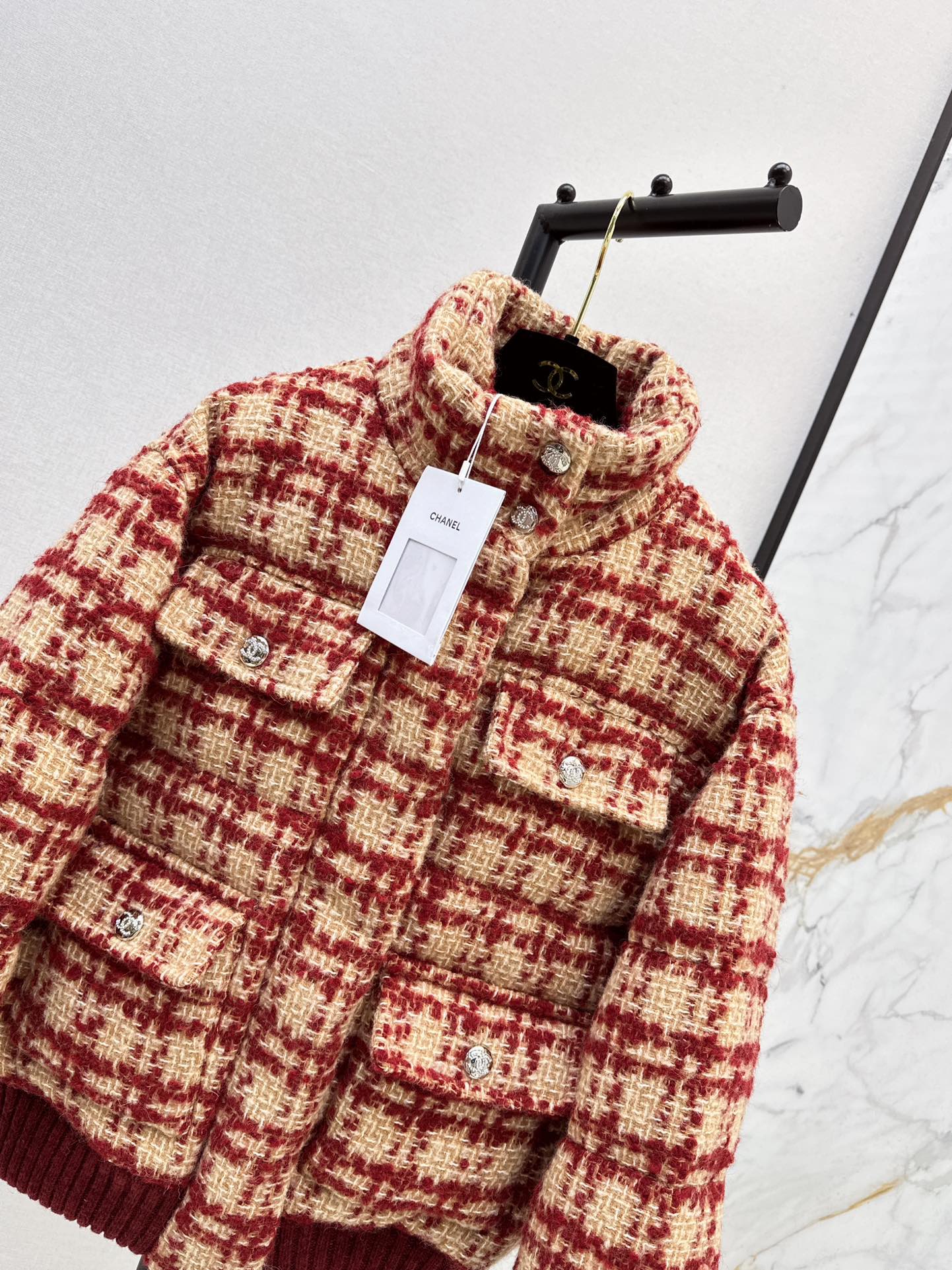 Ski tweed plaid stand collar down jacket