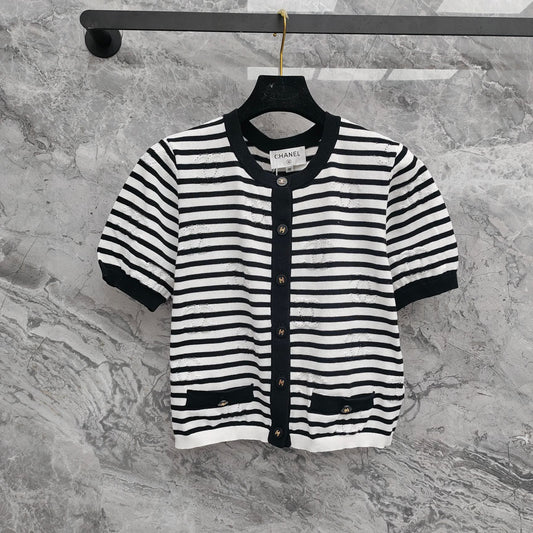 Round neck Xiaoxiang logo hollow pattern cardigan striped short sleeves