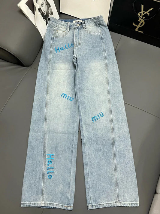 Blue embroidered lettering straight-leg jeans