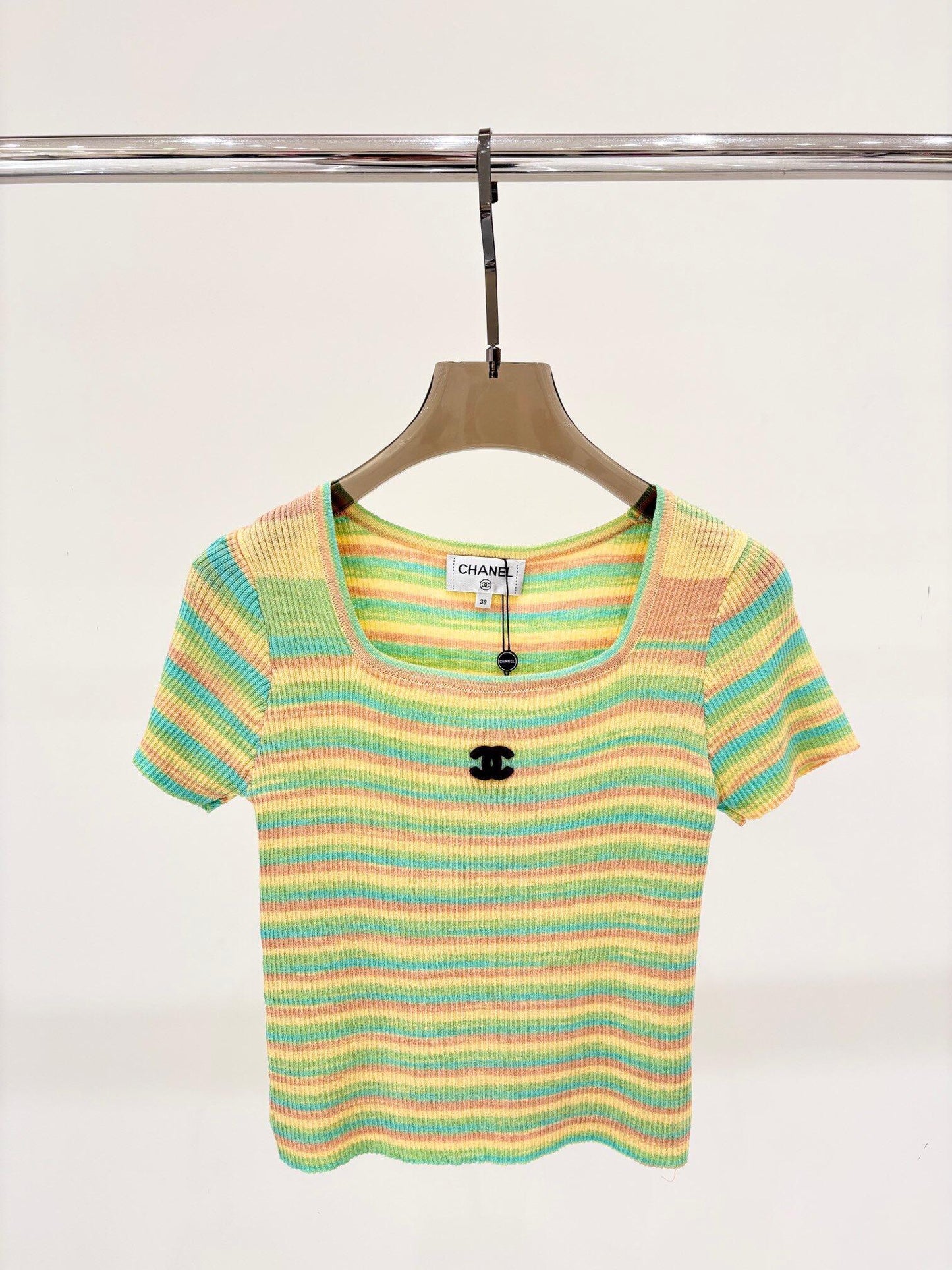 Contrast striped square neck knitted short sleeves