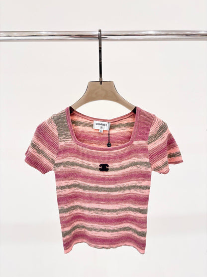 Contrast striped square neck knitted short sleeves