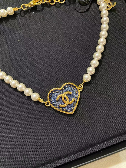 new blue heart-shaped pendant pearl necklace