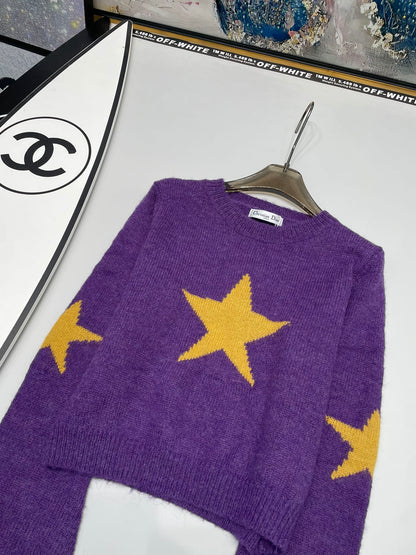 Sentence star intarsia colorblock knitted top