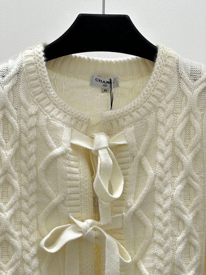 New Pure colour simple tie bow knitted twisted flower round neck long sleeve cardigan jacket