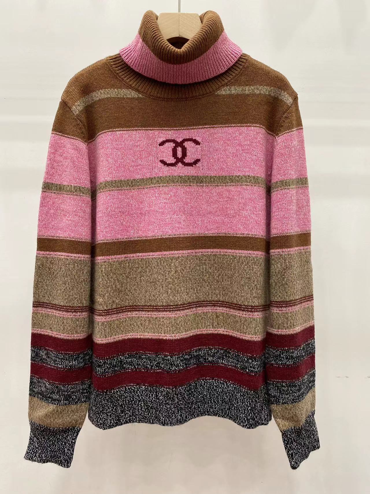 New colour-blocked striped letter jacquard knit turtleneck crochet knit long sleeve pullover jumper