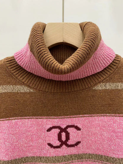 New colour-blocked striped letter jacquard knit turtleneck crochet knit long sleeve pullover jumper