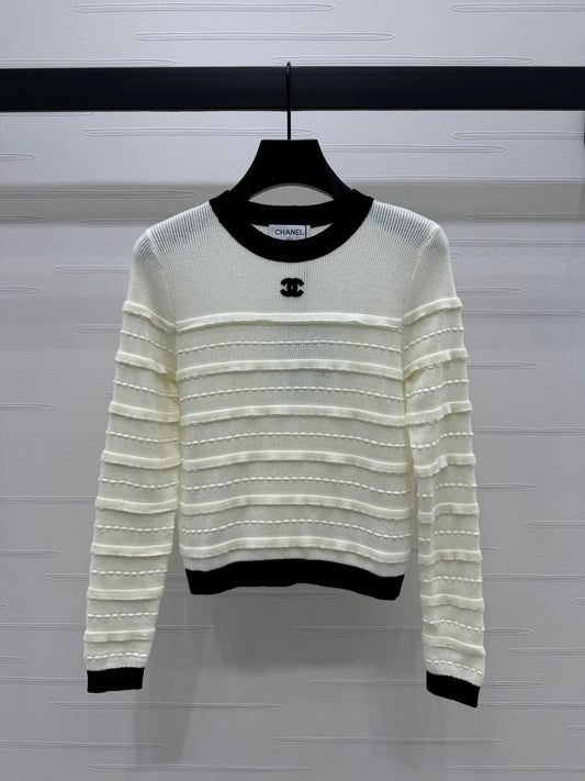 New colour clashing knitted lace round neck pullover long sleeve jumper