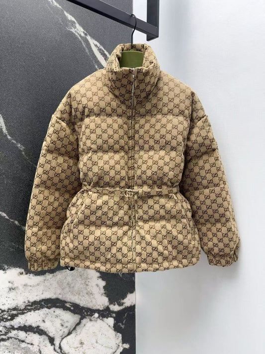 Stand collar double g jacquard down jacket