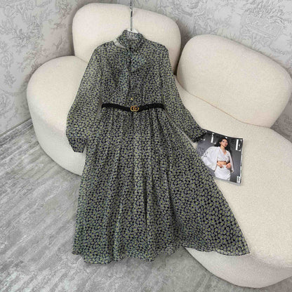 Tencel chiffon digital printed fashionable long-sleeved ribbon dress