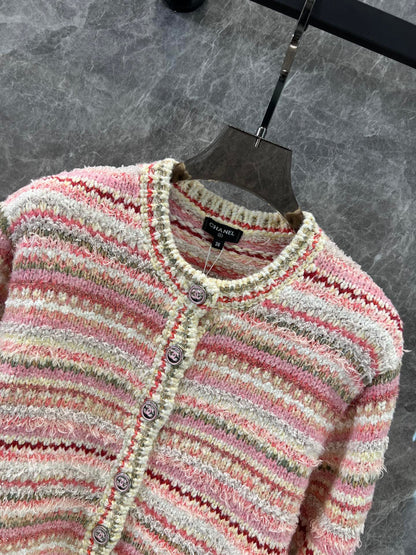 Pink striped crew neck knitted cardigan