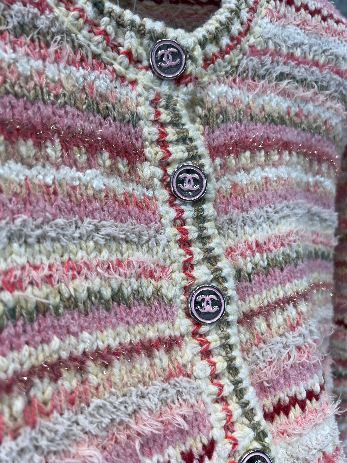 Pink striped crew neck knitted cardigan