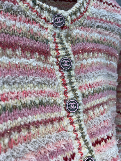 Pink striped crew neck knitted cardigan