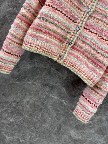 Pink striped crew neck knitted cardigan