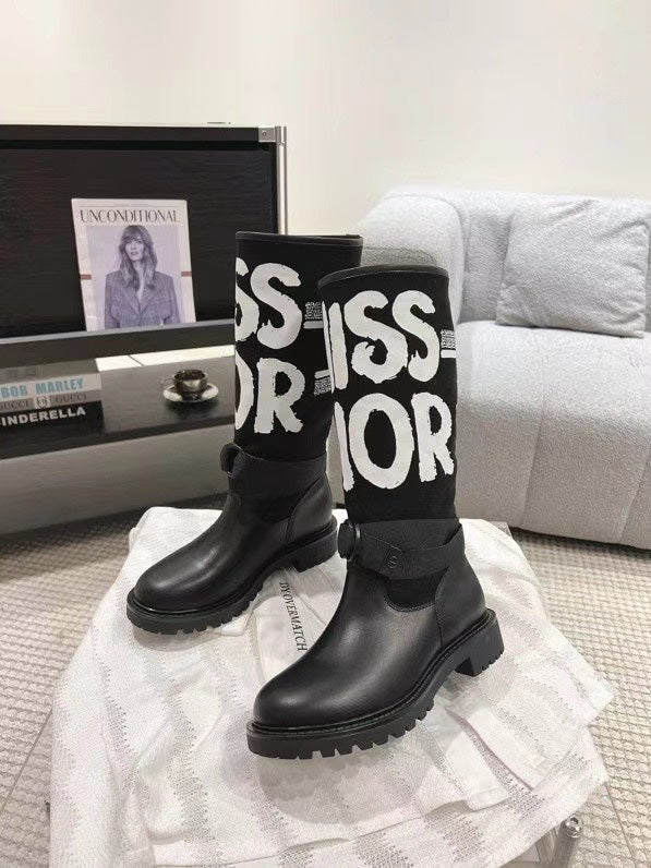 Poster style electric embroidery color block letters logo round toe mid-calf women's boots