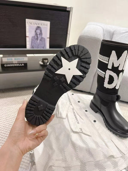 Poster style electric embroidery color block letters logo round toe mid-calf women's boots