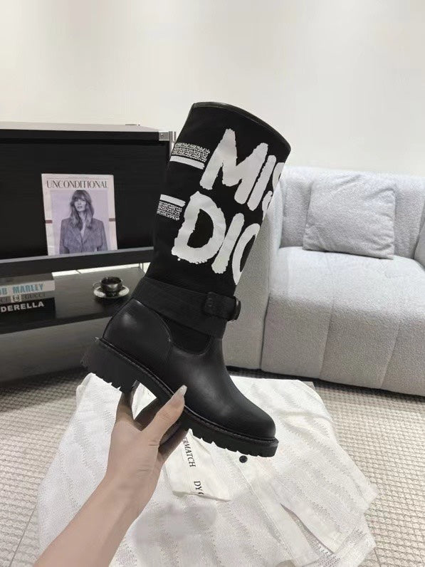 Poster style electric embroidery color block letters logo round toe mid-calf women's boots