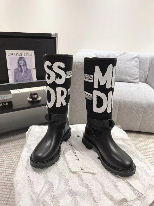 Poster style electric embroidery color block letters logo round toe mid-calf women's boots