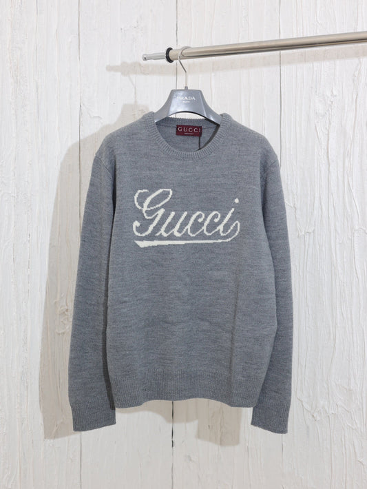 New smoke gray signature logo intarsia sweater