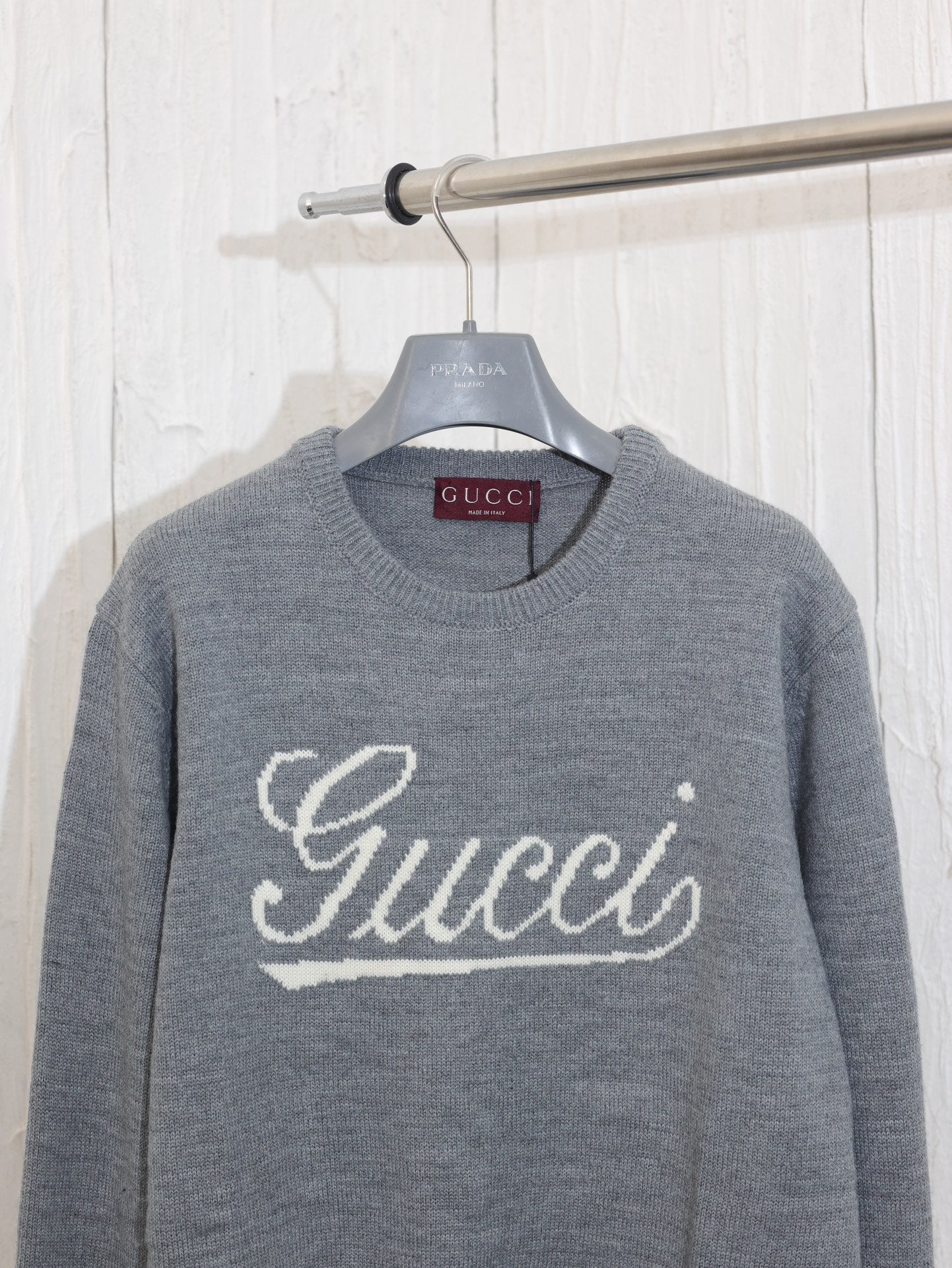 New smoke gray signature logo intarsia sweater