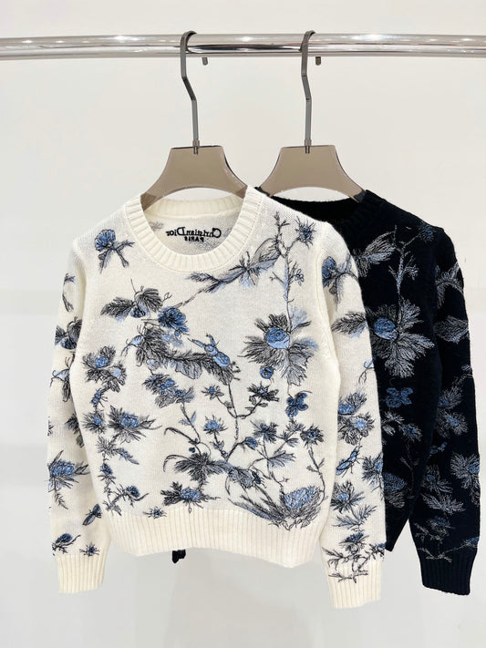 Floral pattern lettering embroidered casual knitted sweater