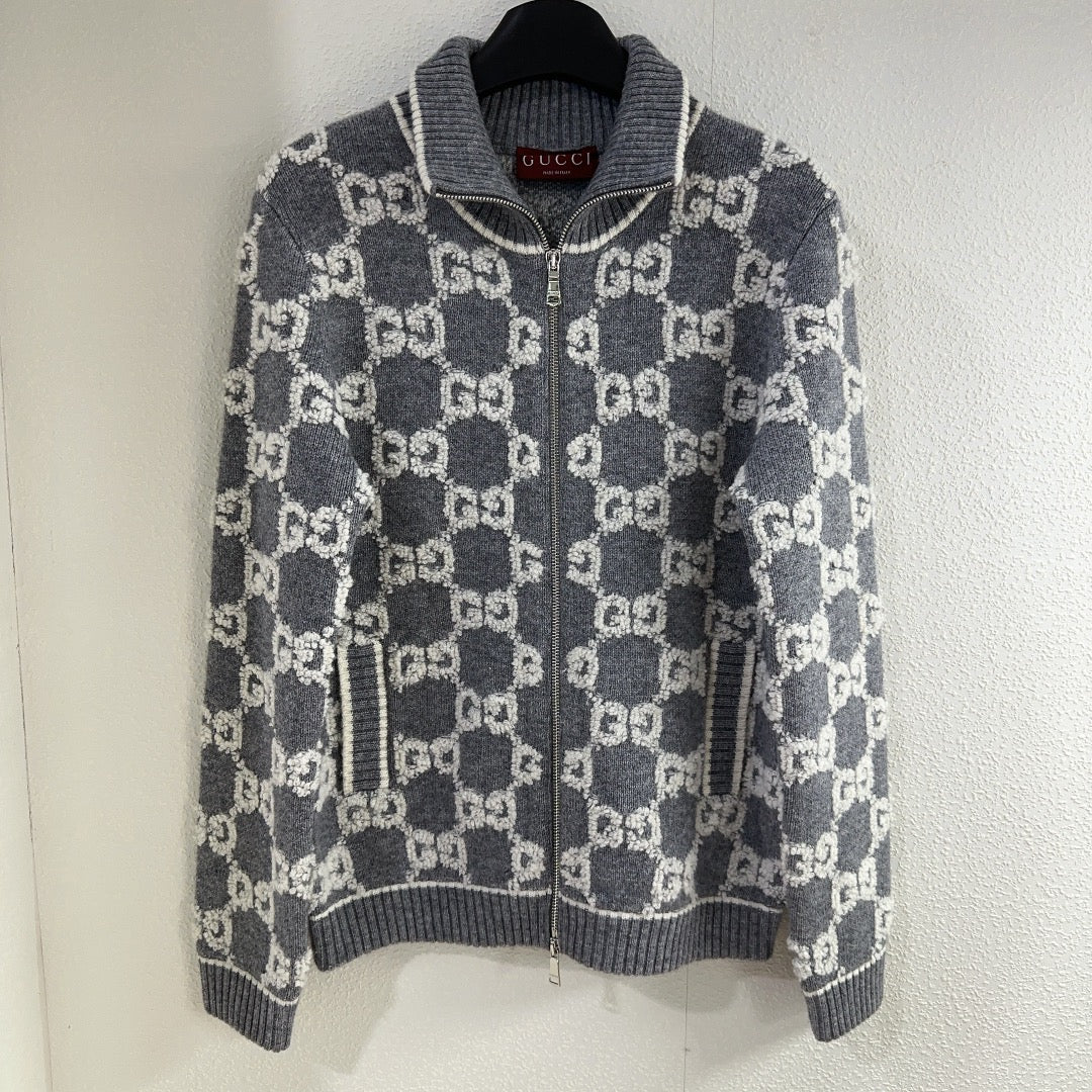 Jacquard stand collar zip-up knitted sweater