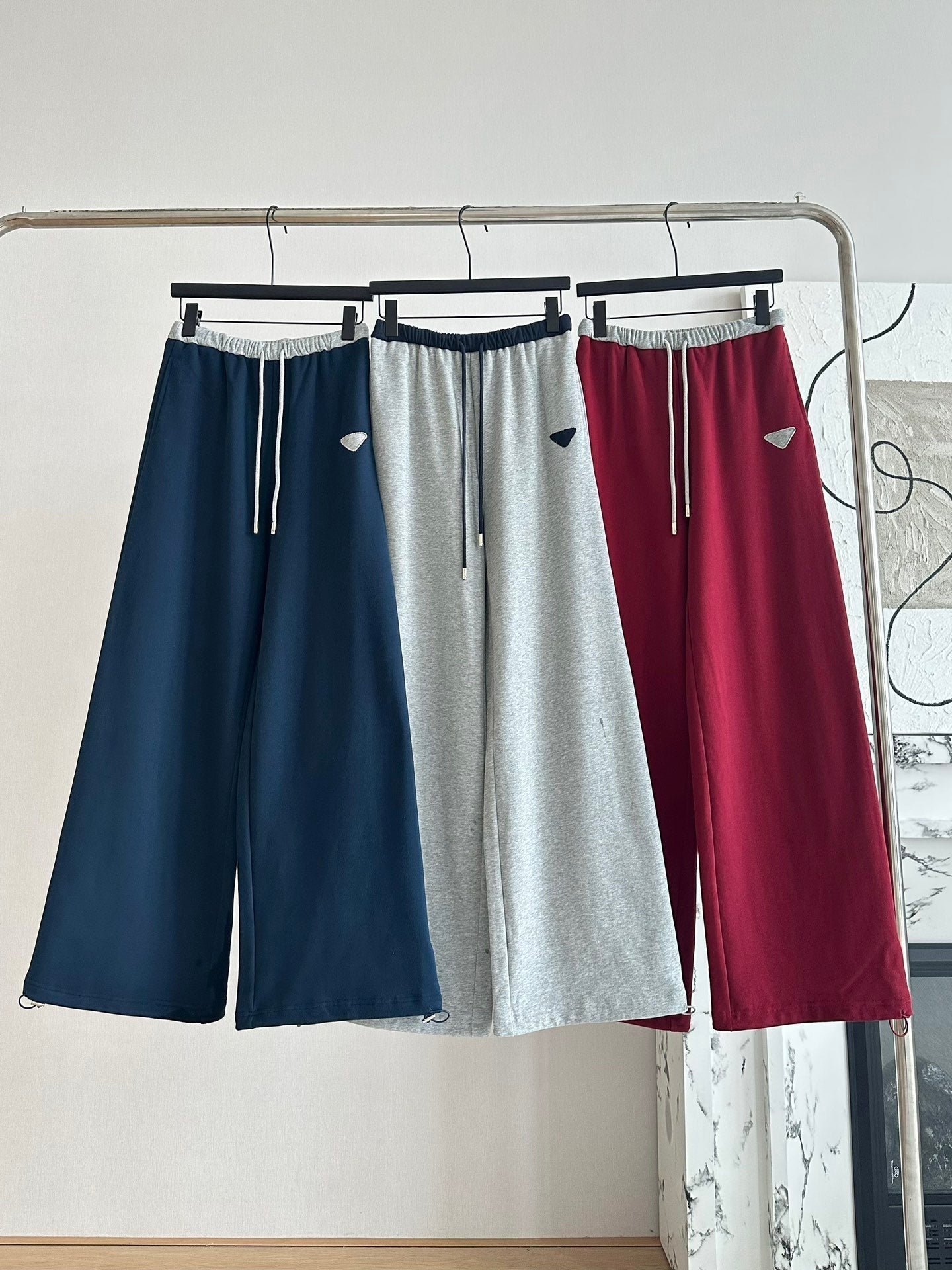 Triangle stitching high waist elastic waist drawstring casual sports wide leg pants