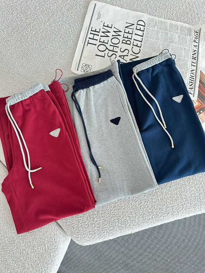 Triangle stitching high waist elastic waist drawstring casual sports wide leg pants