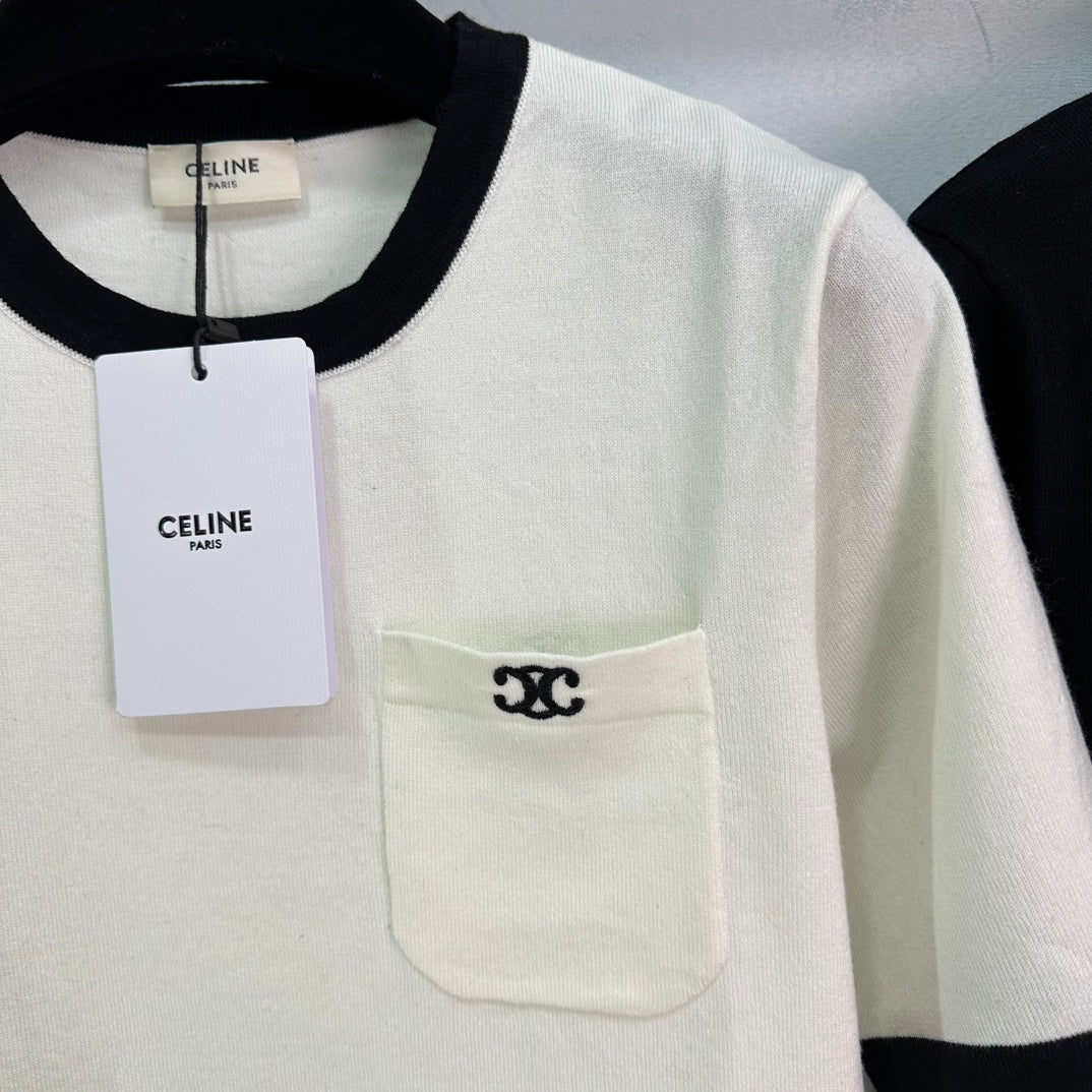 Round neck black and white color block logo simple knitted short sleeves