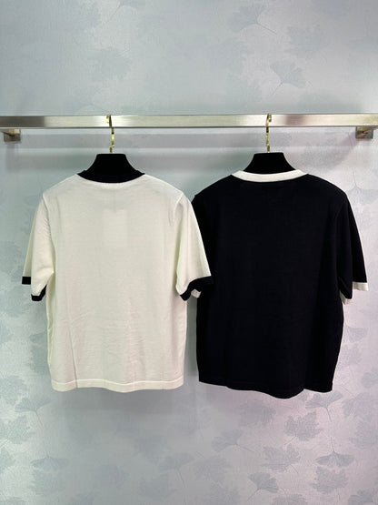 Round neck black and white color block logo simple knitted short sleeves