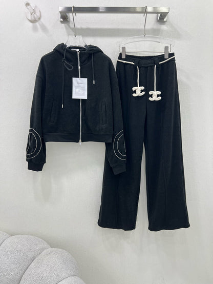 Hooded casual fleece➕wide-leg pants suit