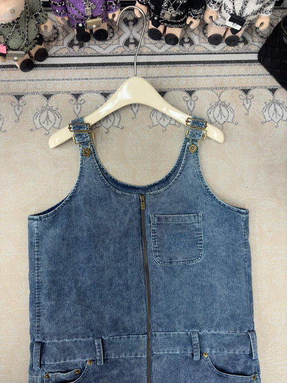 corduroy denim suspender skirt