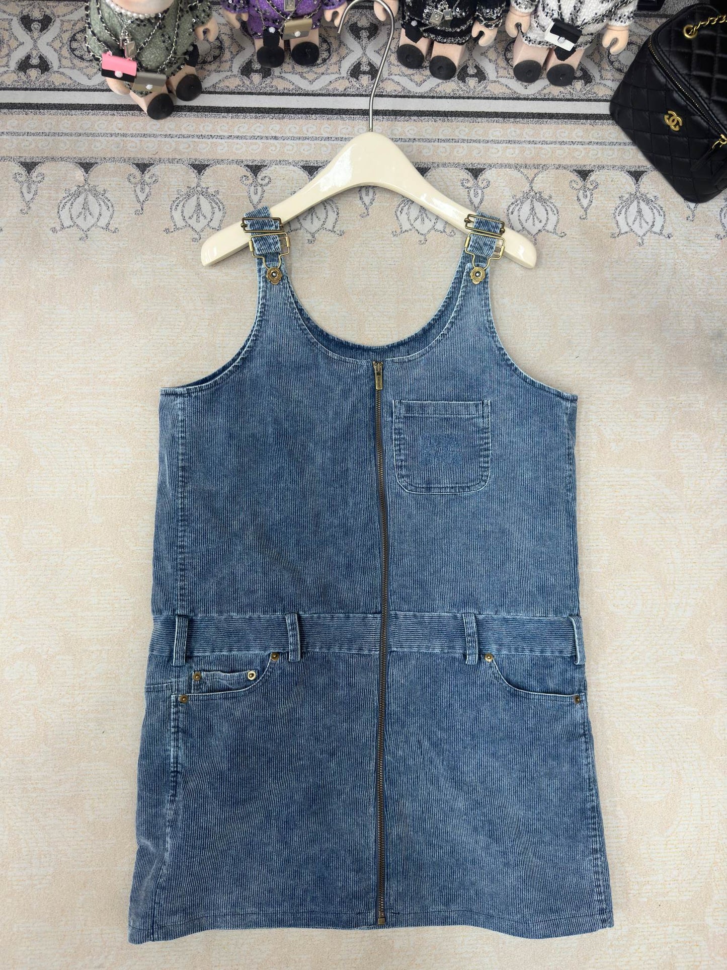 corduroy denim suspender skirt