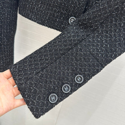 Camellia jacquard lined black soft tweed jacket with bow tie