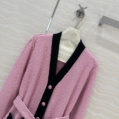 Contrast color v-neck long cardigan jacket