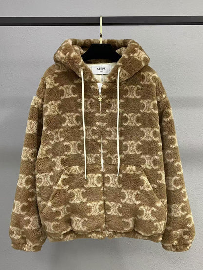 Jacquard pattern warm plush hooded jacket