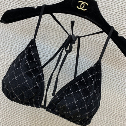 Drawstring halterneck➕Triangle velvet swimsuit