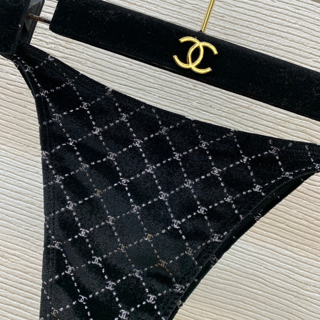 Drawstring halterneck➕Triangle velvet swimsuit