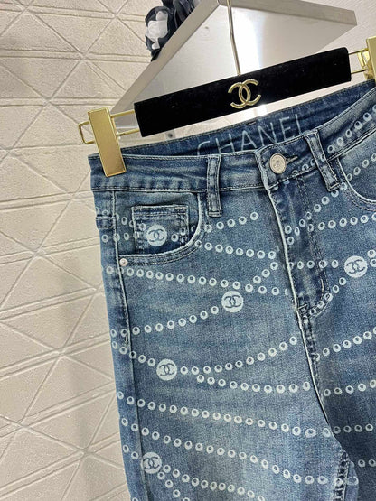 Retro laser chain print denim straight pants