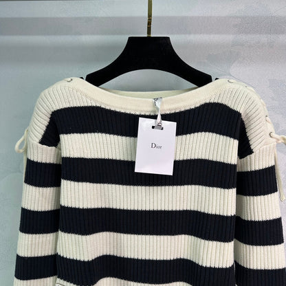 Bateau collar striped rope long-sleeved sweater