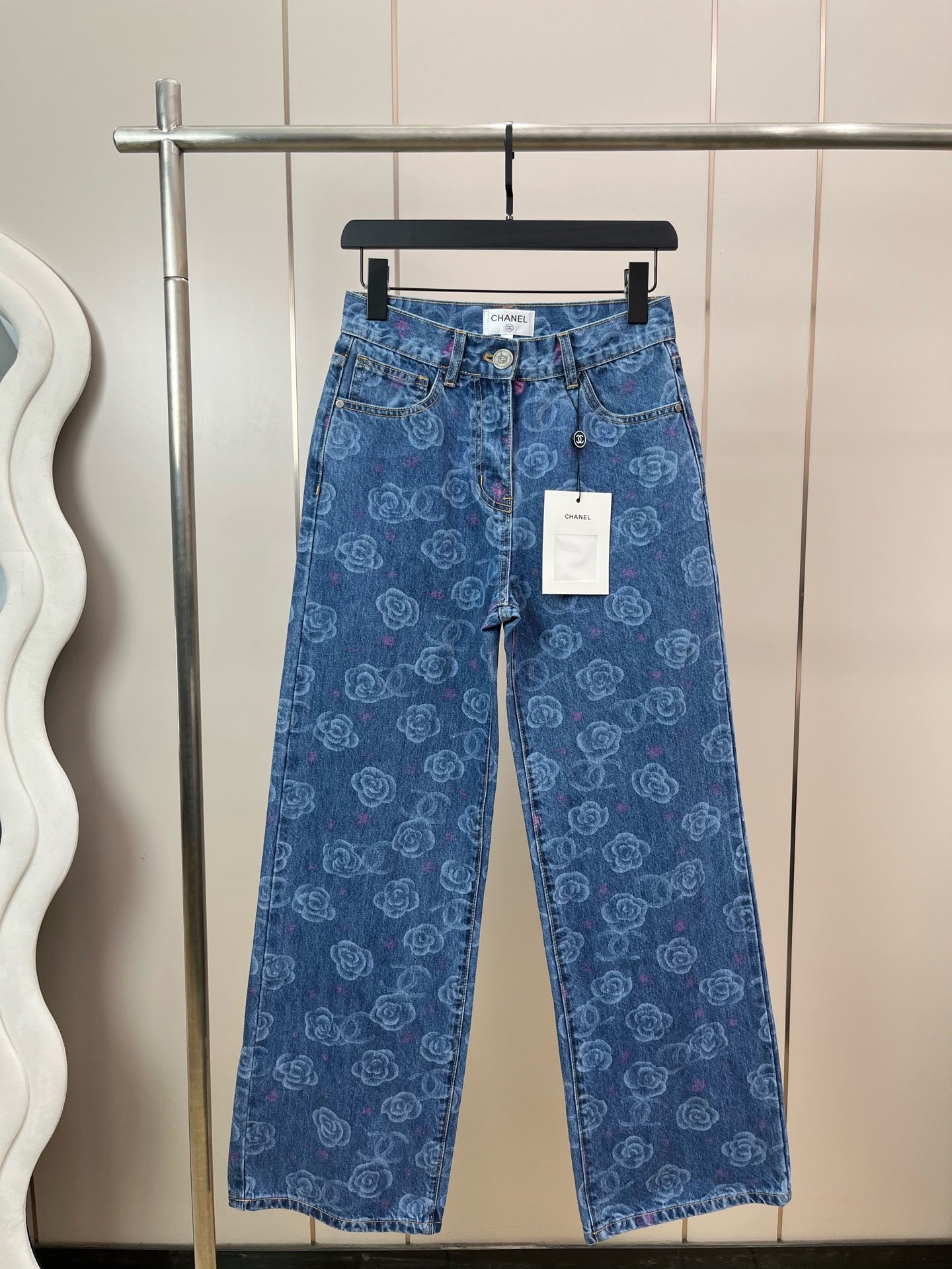 Dyed hand-painted camellia jeans