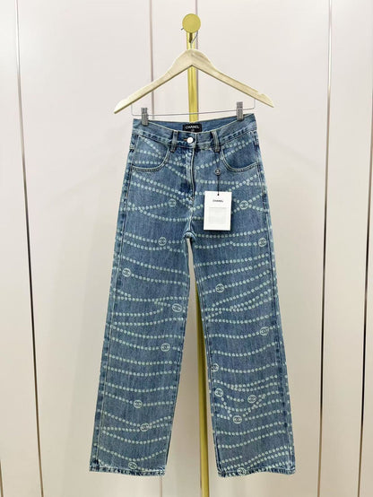 Retro laser chain print denim straight pants