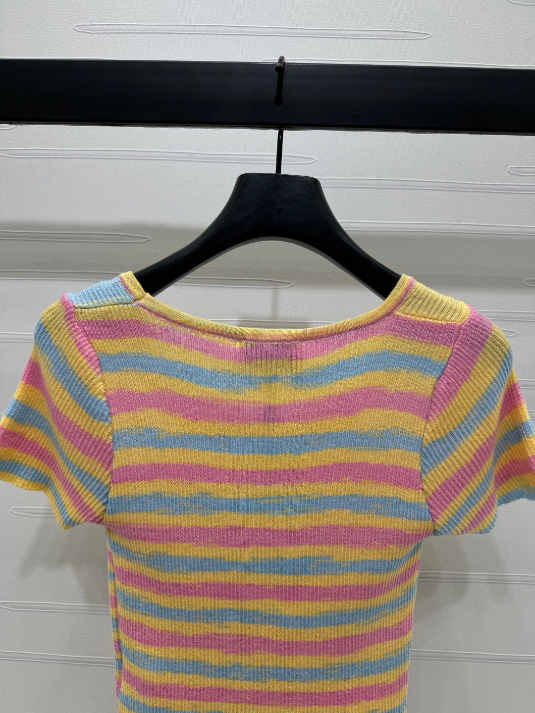 Contrast striped square neck knitted short sleeves