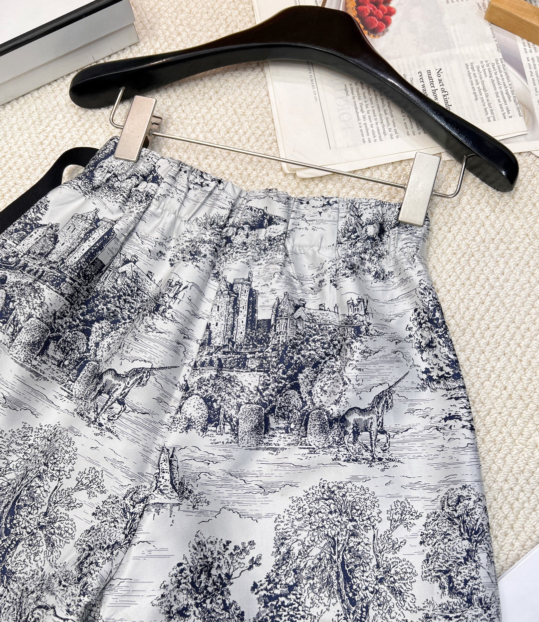 Landscape flower printed jacquard pants skirt