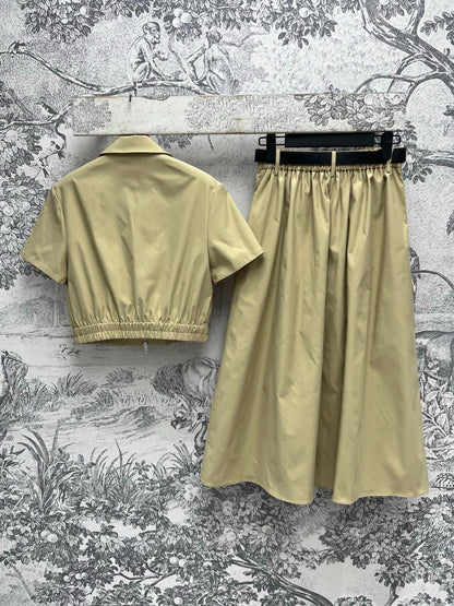 Work style casual collar short sleeved shirt+pleated skirt