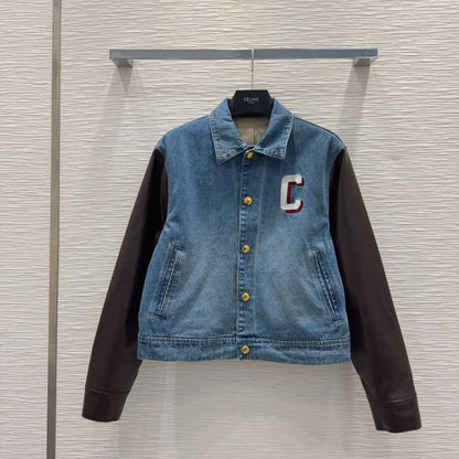 PU leather patchwork denim jacket