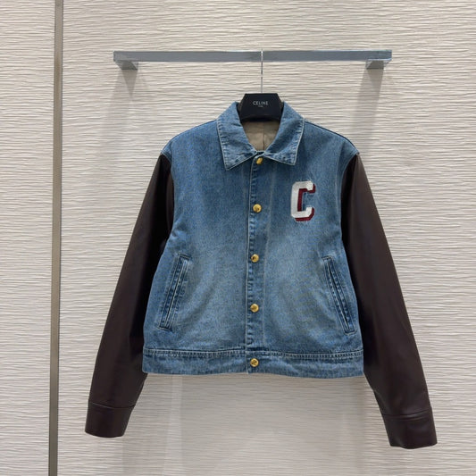 PU leather patchwork denim jacket