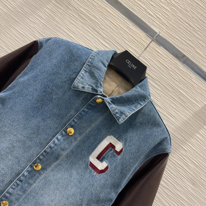 PU leather patchwork denim jacket