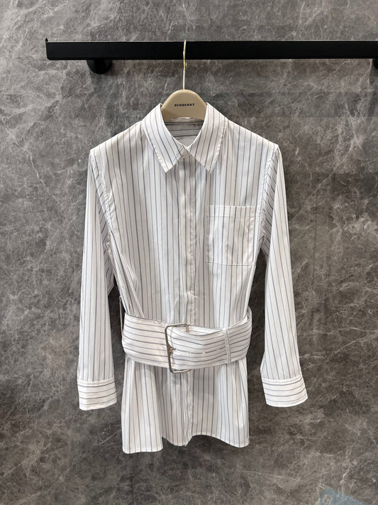 White Striped Wide Belted Long Sleeve Shirt