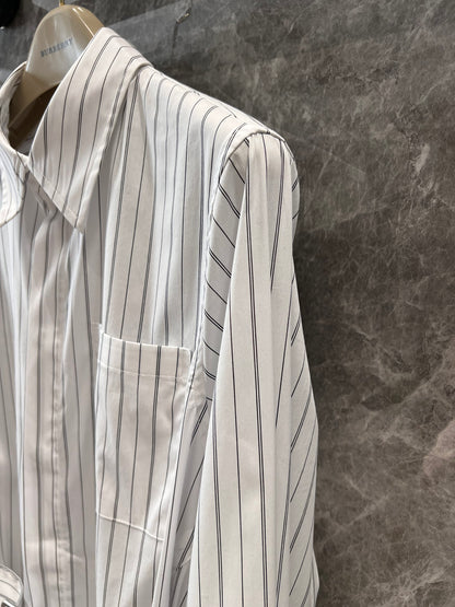 White Striped Wide Belted Long Sleeve Shirt