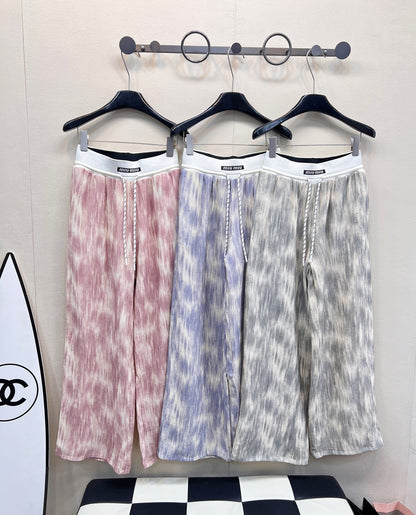 New spring and summer letter ribbon drawstring tie-dye side hot diamond wide-leg pants